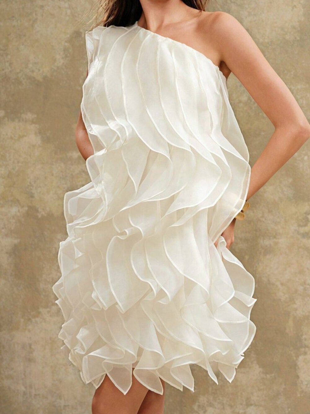 White Elegant One-Shoulder Women's Chiffon Party Dress with Ruffle Tiered Skirt - Picture 5 of 8
